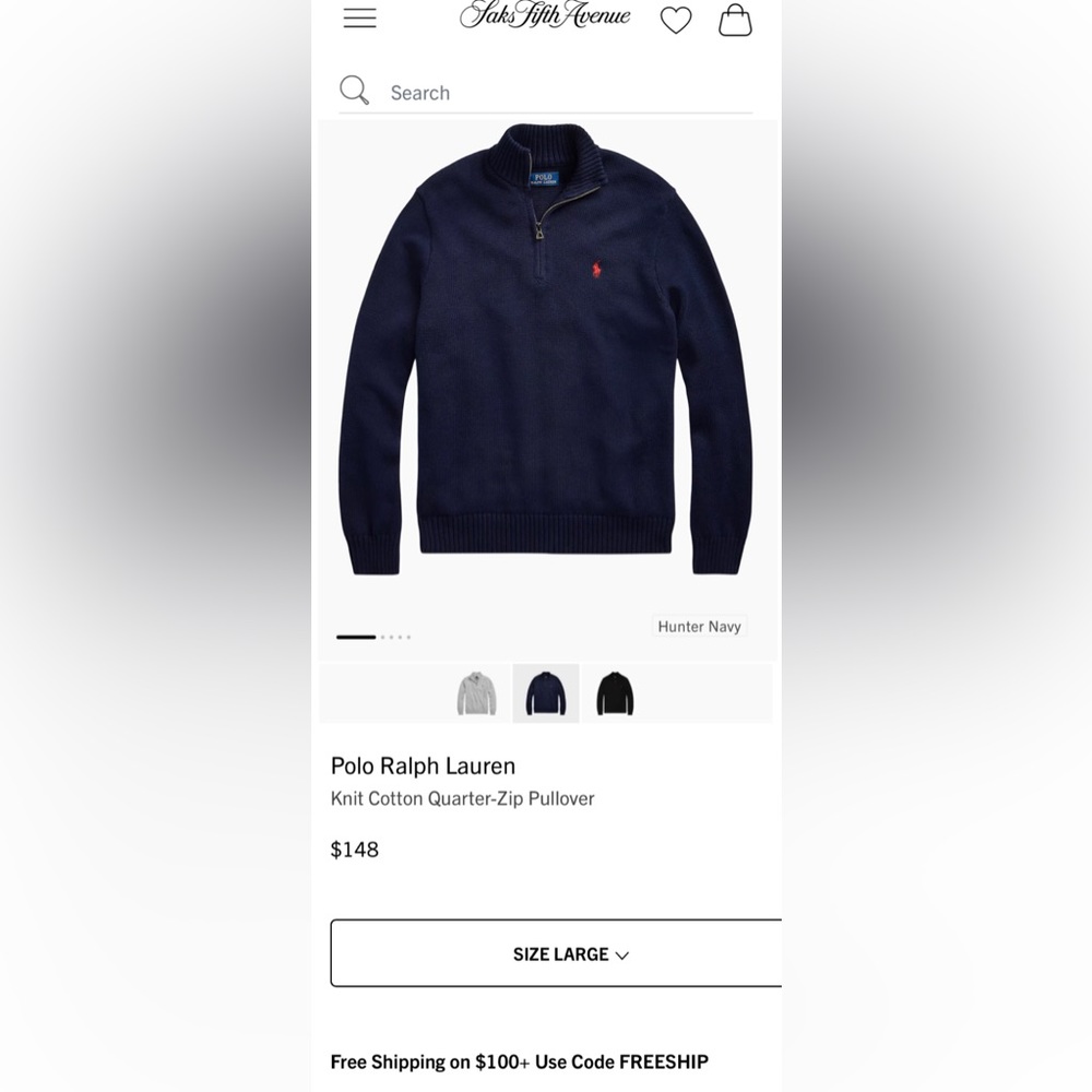 Ralph Lauren Polo cotton quarter zip. Size: L